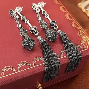 Antique Silver Rhinestone Earring Round Ball Long Fringe Tassel Earrings Boho